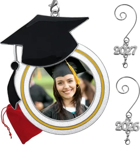 Adorno de fotos de Navidad de graduación – Dijes fechados para 2026 y 2027 – Diseño de sombrero de graduación – Felicitaciones – Estudiantes de