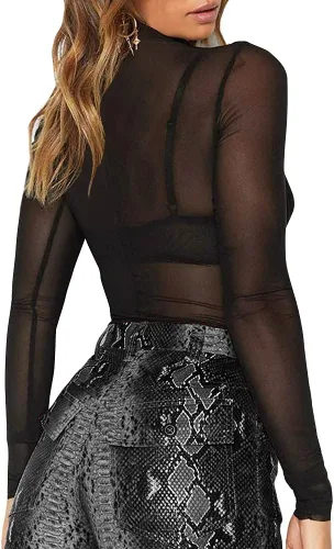 Miniatura 3 de Blusa de manga corta o larga para club, pura malla traslúcida, estilo body