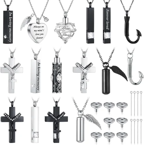 Miniatura 29 de 16 piezas de collar de urna para cenizas, medallón de cenizas talladas de acero inoxidable impermeable con 8 kit de relleno, cilindro de corazón