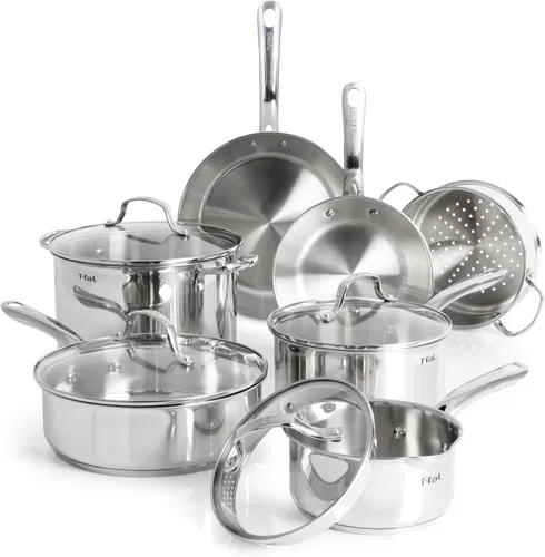 T-fal Juego de ollas y sartenes de acero inoxidable de 11 piezas, inducción, apto para horno 500F, juego de cocina con sartenes, cacerolas, sartén,