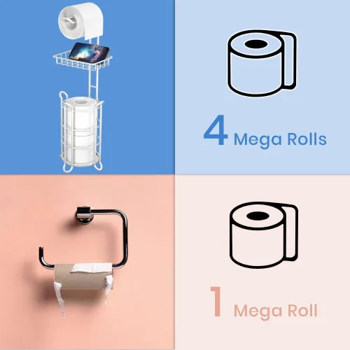 Miniatura 4 de Soporte de rollo de papel higiénico para baño, soporte de papel higiénico de pie con estante de almacenamiento central, reserva de mega E-plata