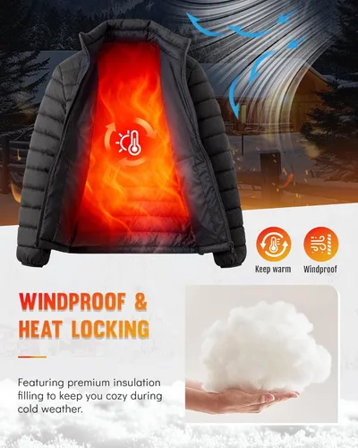 Miniatura 4 de WHN Chaqueta acolchada para hombre, ligera, impermeable, resistente al viento, cuello alto, con cremallera completa, con 3 bolsillos