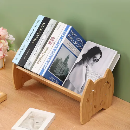 Miniatura 4 de Hggzeg Estantería de bambú para niños, estantería pequeña de escritorio para niños, organizador de libros inclinado, estante de almacenamiento