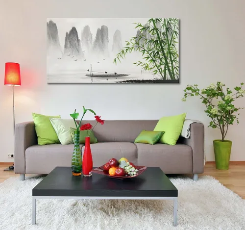 Miniatura 5 de Pintura Shanshui China en Blanco y Negro, Arte de Pared de Paisaje Verde Bambú, Obra de Arte en Lienzo