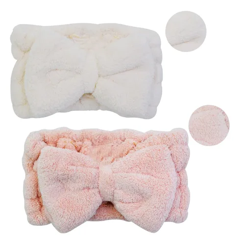 Miniatura 4 de Chloven Paquete de 2 diademas de microfibra con pajarita de maquillaje facial, diadema cosmética, lazo para el cabello, spa, yoga, deportes, ducha