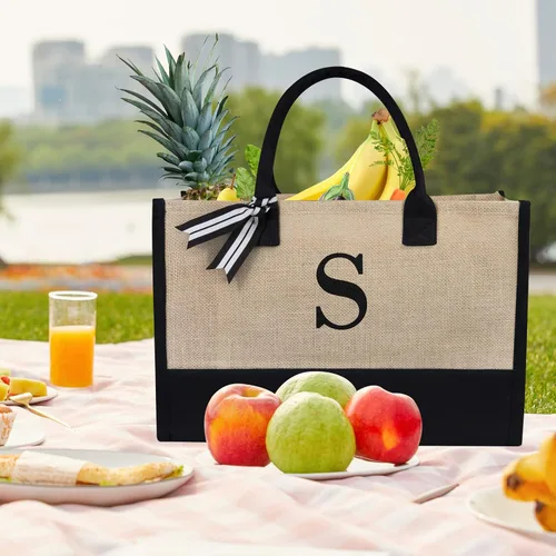 Miniatura 48 de TOPDesign - Bolso de playa de lona con inicial personalizada, bolsa de regalo con monograma, para mujer