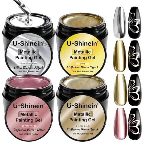 Miniatura 10 de Gel de pintura metálica de 2 x 0.3 fl oz, esmalte de uñas plateado y dorado, pintura de metal 3D, esmalte de gel de dibujo de espejo, esmalte