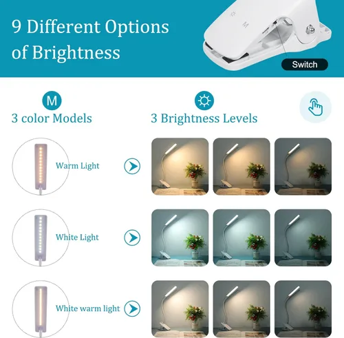Miniatura 4 de Luz de lectura LED con clip, luces de libro recargables USB, protección ocular de 24 LED, lámpara de cama de noche de cuello flexible, control Blanco
