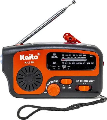 Kaito Radio de emergencia KA388 - AM/FM NOAA Alerta meteorológica de 5 vías con manivela solar receptor de radio con linterna LED y cargador de