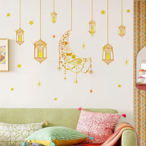 Miniatura 7 de Calcomanías de decoración de pared de Ramadán, calcomanías de pared musulmanas islámicas Eid Mubarak Ramadán, farol, luna, estrella, ventana