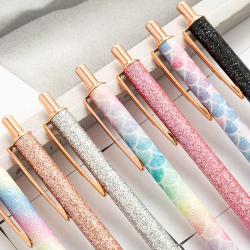 Miniatura 4 de Bolígrafo de punta media de 0.039 pulgadas con lentejuelas y purpurina de cristal, bolígrafos de metal retráctiles para la escuela, oficina, Pink