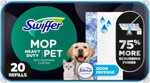 Swiffer Recambios de Paño Húmedo Multisuerficie de Servicio Pesado para Trapear y Limpiar Pisos, Mascotas con Defensa de Olores Febreze, 20 unidades