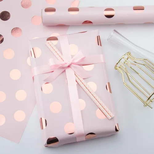 Miniatura 6 de WRAPAHOLIC Rollo de papel de regalo rosa, mini rollo, 17 pulgadas x 33 pies, diseño de lunares de lámina de oro rosa para cumpleaños, vacaciones