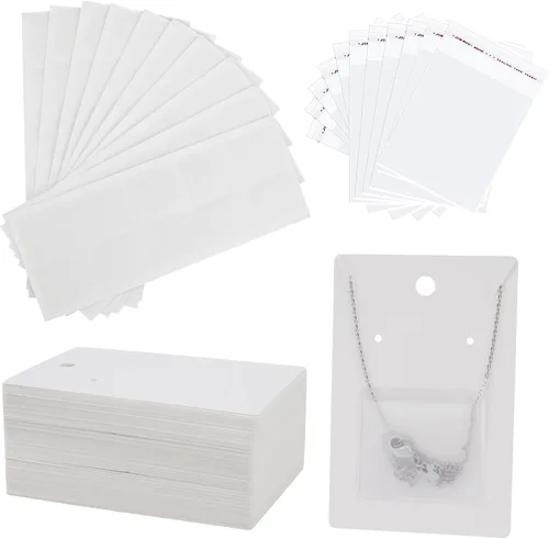 Temlum 100 Piezas Tarjetas de Exhibición de Joyas con 100 Piezas Bolsas Adhesivas y Bolsas Transparentes, Soportes para Tarjetas de Collar y Aretes