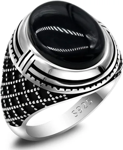 SKOOMEN Anillo de plata de ónix negro para hombre, anillo ovalado grande con caja de joyería, joyería fina para hombre con piedras preciosas