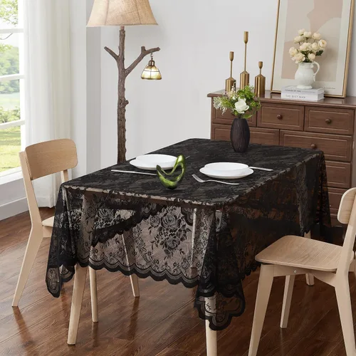 Miniatura 6 de ASATEX Mantel de encaje redondo negro de 36 pulgadas. El patrón floral clásico y elegante es la elección ideal para cualquier comedor de lujo