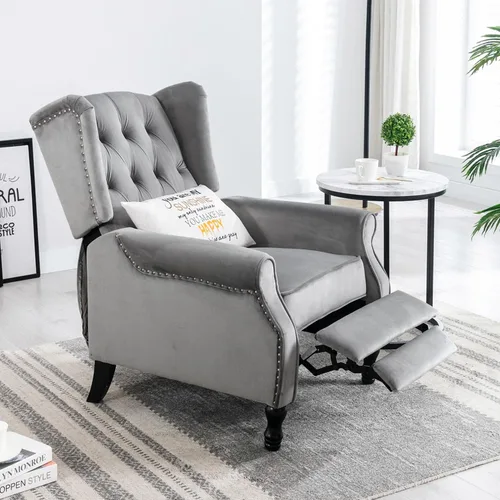 Miniatura 10 de Silla decorativa de terciopelo, silla reclinable con respaldo de empuje, silla con brazo con respaldo alado para sala de estar, dormitorio, cine