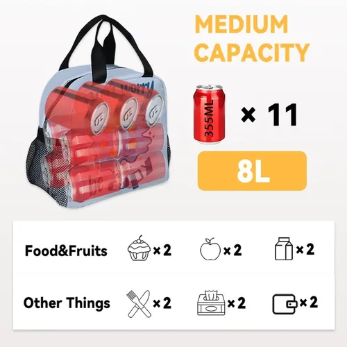 Miniatura 4 de Lonchera para niñas y niños, reutilizable, plegable, aislada, con asa, pequeña, azul, con estampado de animales, ideal para la escuela, picnic