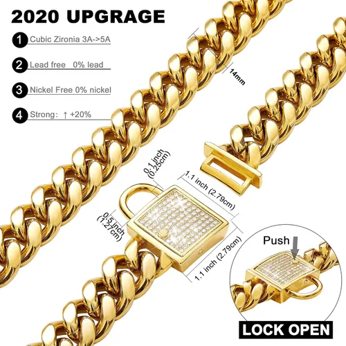 Miniatura 4 de Collar de perro dorado con hebilla de circonita, collar de cadena de eslabones cubanos para perros pequeños a grandes (0.551 in, 10 pulgadas)