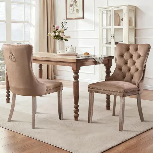 Miniatura 13 de SoarFlash Juego de 2 sillas de comedor de tela de lino, sillas de comedor tapizadas con ribete de cabeza de clavo y patas de madera de color claro