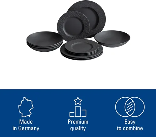 Miniatura 4 de Villeroy & Boch Manufacture Rock - Juego de vajilla de 12 piezas, servicio para 4, platos llanos, platos de ensalada y cuencos para pasta, porcelana