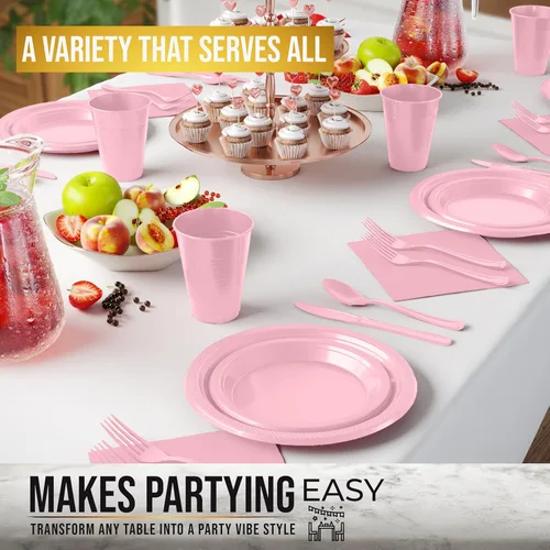 Miniatura 4 de 350 piezas de platos de plástico rosa para fiestas, juego de platos desechables rosados, 50 de cada plato de cena de 9 pulgadas, plato de postre