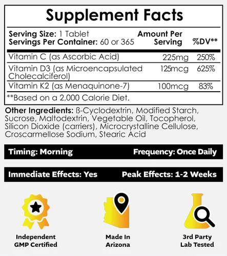 Miniatura 2 de Nootropics Depot Vitamina D3 + K2 con tabletas de vitamina C 365 unidades 125μg Equivalente a 5000 UI Año de suministro