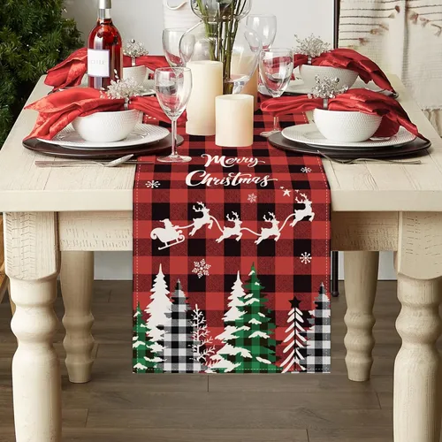 Miniatura 2 de Bonhause - Camino de mesa a cuadros de árboles de Navidad de búfalo, camino de mesa de reno de cuadros de búfalo rojo y negro para decoración