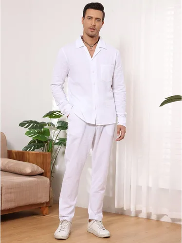 Miniatura 4 de EndoraDore Men's Outfits Linen Button Down Long Sleeve Shirt And Casual Beach Drawstring Waist Pants 2 Piece Set