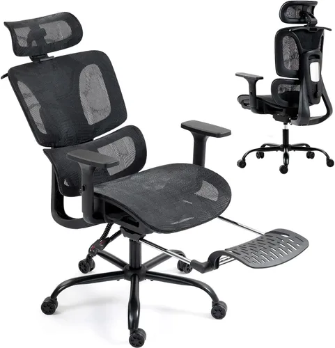Miniatura 9 de Silla de oficina ergonómica con soporte lumbar ajustable, reposabrazos y reposacabezas 3D, silla reclinable de 135° con base de acero grande, silla