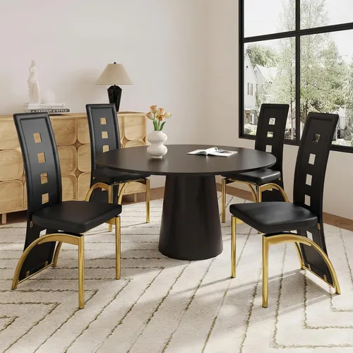 Miniatura 4 de Juego de 2 sillas de comedor modernas, juego de 2 sillas de comedor negras, sillas de cocina tapizadas de piel sintética con patas de metal dorado