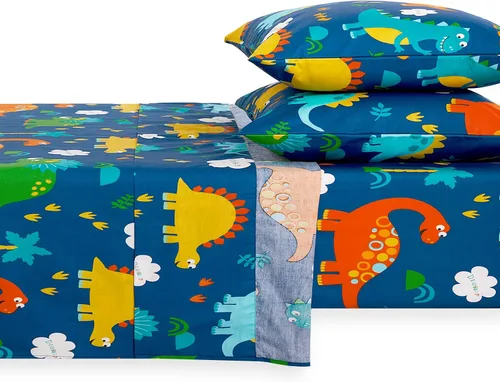 Miniatura 2 de Wake In Cloud - Sábanas de dinosaurio para niños, 100% algodón, juego de sábanas de 4 piezas para niños, lindo estampado colorido de dibujos Azul