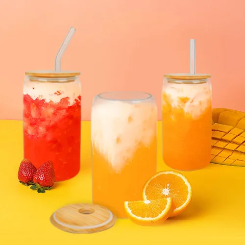 Miniatura 3 de GIVAMEIHF Vasos para beber con tapas de bambú y pajita, paquete de 12 vasos de vidrio de 16 onzas con tapas y popotes, vasos de café helado, bonitos