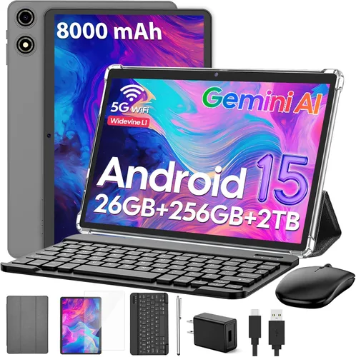 Tablet Android 15 2026 con teclado, 26GB+256GB+2TB Expand, tableta 2 en 1 de 10 pulgadas con Gemini AI, 8000mAh, WiFi 2.4G/5G, BT5.0, Widevine L1,
