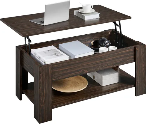Miniatura 13 de Yaheetech Mesa de café de madera, mesa de centro con estante de almacenamiento oculto grande, mesa de comedor con superficie elevada para sala