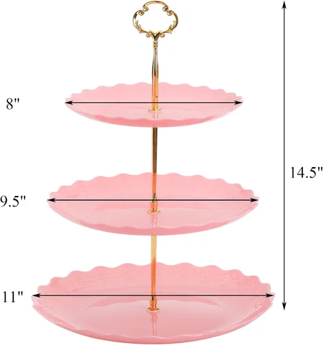 Miniatura 2 de Tosnail Paquete de 3 bandejas de plástico rosa para cupcakes de 3 niveles, soporte para postres con barra dorada de 3 estilos, bandejas de servir