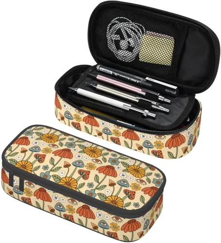 Estuche organizador retro hippie de los años 70 con diseño de hongos florales de gran capacidad, papelería con cremallera, suministros escolares,