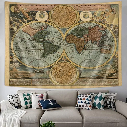 Miniatura 2 de Tapiz de Mapa del Mundo Vintage, Arte de Pared de Mapa Náutico Antiguo del Mundo, Tapiz Pirata Retro de Atlas Geográfico Histórico Wanderlust