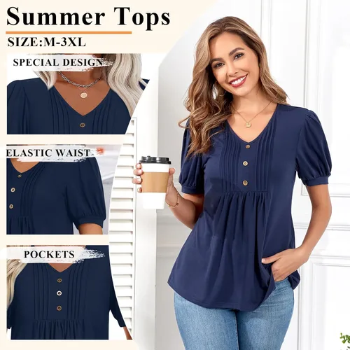 Miniatura 5 de Findsweet Blusas de túnica de verano para mujer, tops casuales y elegantes, manga corta, M-3XL
