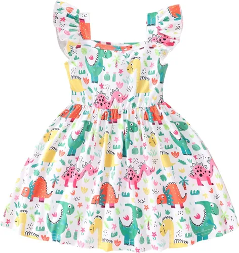 Popshion Vestidos de niña con mangas con vuelo, vestido de verano para niños, fiesta de cumpleaños, sin mangas, vestido de 1 a 8 años