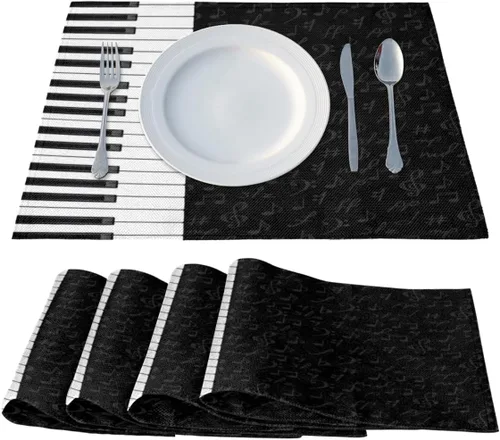 Miniatura 2 de Juego de 4 manteles individuales con teclas de piano musical, lavables, impermeables, para decoración del hogar, fiesta, comedor, 18 x 12 pulgadas