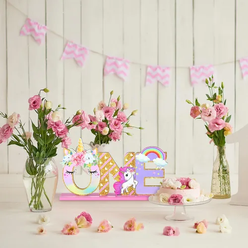 Miniatura 7 de Decoraciones de cumpleaños de unicornio, letrero de una letra de unicornio para el primer cumpleaños, centro de mesa de madera de una mesa