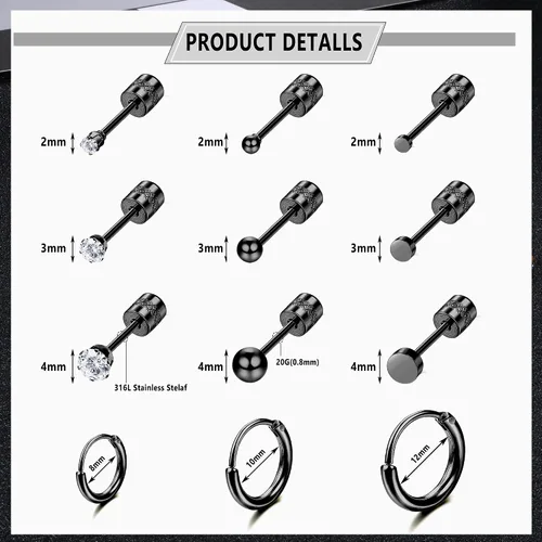 Miniatura 5 de LOYALLOOK Aretes tipo dormilona de acero quirúrgico con circonita cúbica para mujeres y hombres, chapados en oro de 14 quilates, aretes pequeños