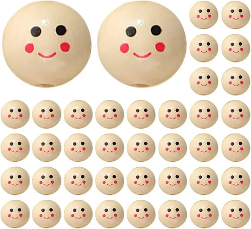 40 cuentas de madera redondas de madera con cara sonriente, cuentas de madera impresas espaciadoras para manualidades, manualidades, joyería (color