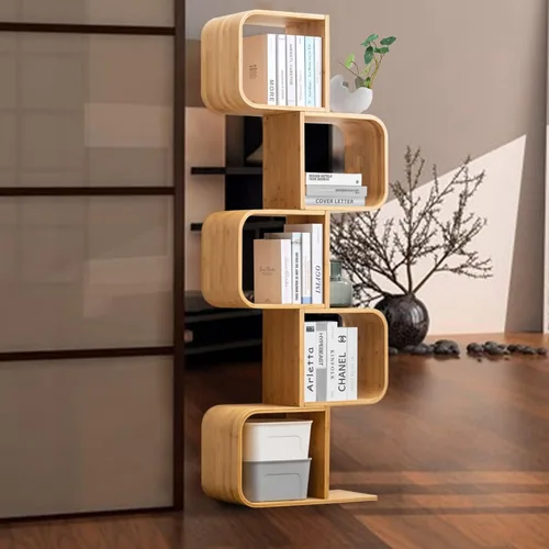 Miniatura 10 de Estantería geométrica moderna de bambú de 4 niveles en forma de S, gran capacidad, estante curvado, mesita de noche 2 en 1, estantería