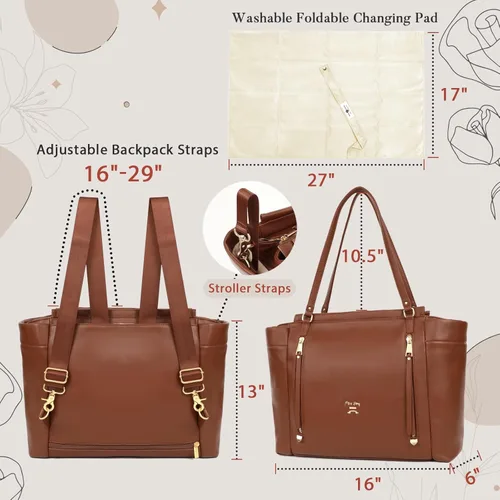 Miniatura 6 de miss fong Bolso de pañales tipo mochila de cuero, bolso grande para mamá, bolsa hospitalaria, 12 bolsillos, bolso de viaje para pañales con Marrón