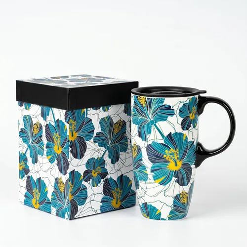 Miniatura 12 de Taza de viaje de cerámica de 17 onzas con tapa y asa, taza de café con patrón floral de abeja, apta para microondas y lavavajillas, taza de café