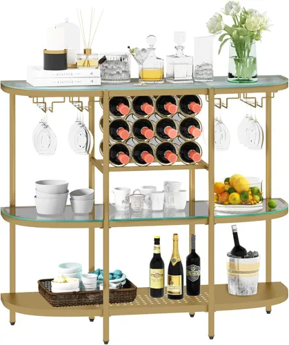 Miniatura 8 de O&K FURNITURE Mesa de bar para el hogar con estantes de vino, mesa de bar de vino de 3 niveles con soportes para vidrio, gabinete de vino