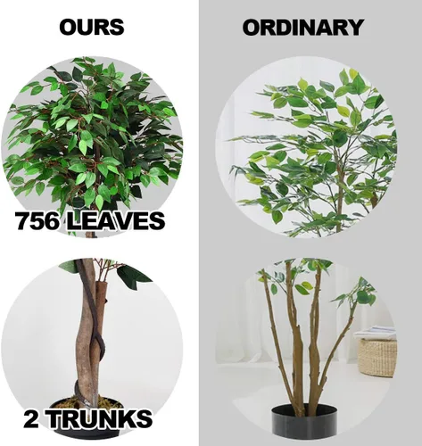 Miniatura 7 de Goplus Árbol artificial de hoja de seda de ficus de 5.5 pies, árbol falso en maceta con hojas verdes y tronco natural, sin mantenimiento, planta