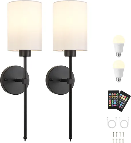 Miniatura 9 de Juego de Dos Apliques de Pared a Batería, Luz de Pared Inalámbrica Recargable con Control Remoto, Regulable, Luz Ámbar/Blanco Cálido/Blanco Negro
